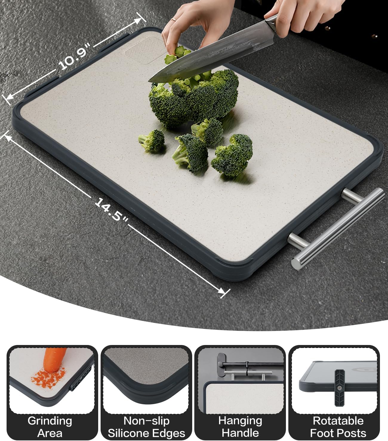 Titanium Cutting Board - Double-Sided Food-Grade Board with Stand | Textured Titanium for Meat & PP for Veggies (14.5” x 11”)