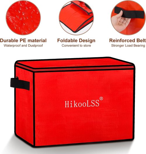 HikooLSS Christmas Ornament Storage Box - Holds 72 Ornaments, Adjustable Dividers, Double Zipper | Red