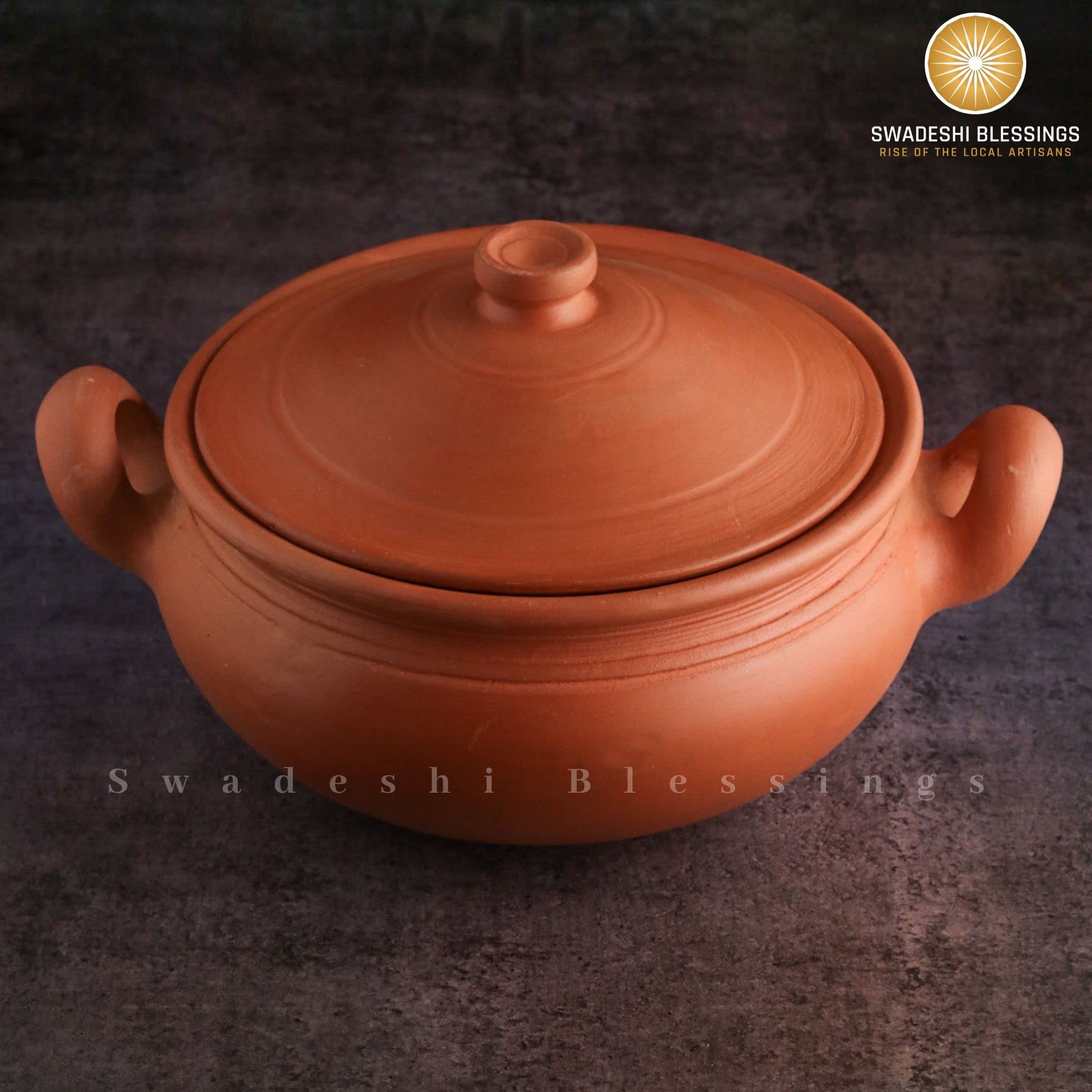 Swadeshi Blessings Exclusive Range Unglazed Clay Pot For Cooking & Serving with Lid/Earthen Kadai/Mud Handi/Mitti Ke Bartan (With Mirror Shine) + ASH For Cleaning (3 Liters)