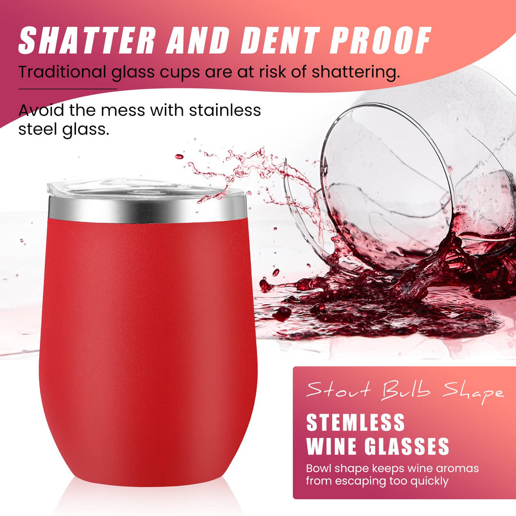 Remagr 16 Pack Stainless Steel Wine Tumblers 12 oz Insulated Vacuum Wine Cup Set Double Wall Stainless Steel Stemless Mug Glasses for Coffee Soda Whiskey Outdoor Travel (Red)