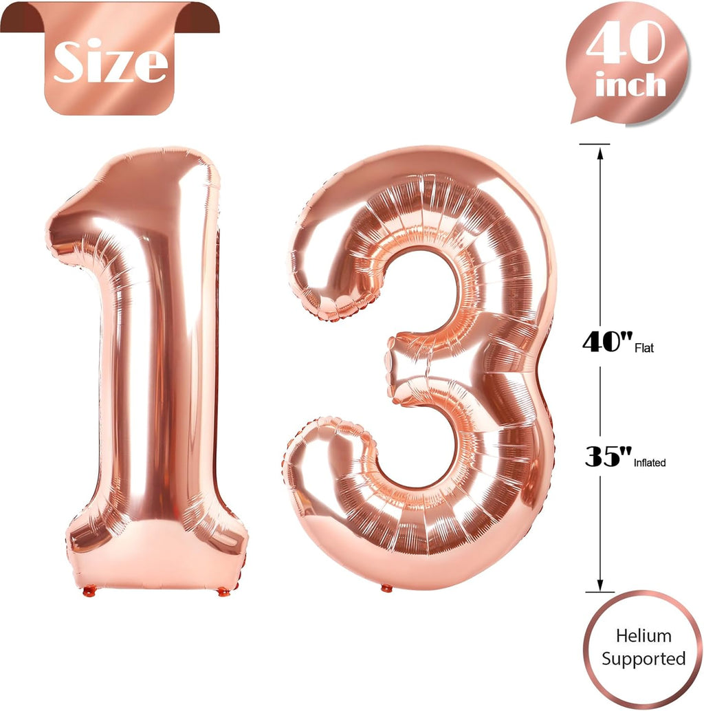 Rose Gold Number 13 Balloon - 40 Inch Birthday Decoration for Girls & Boys | Perfect 13th Party Supplies