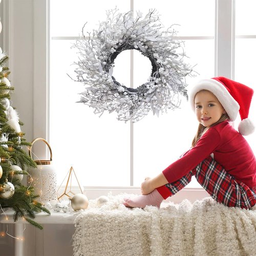 BINFEN 20 Inch Snow Flocked White Berry Winter Wreath with Twig & Leave- Artificial Christmas Wreaths for Front Door Porch Wall Window Porch Fireplace Outdoor Decor