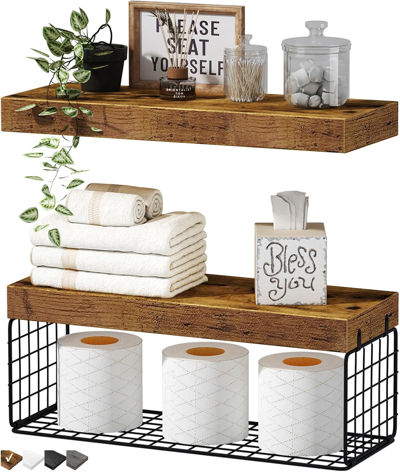 QEEIG Bathroom Shelves | Over Toilet Wall-Mounted Floating Shelves - Rustic Brown, 16 Inch Set of 2