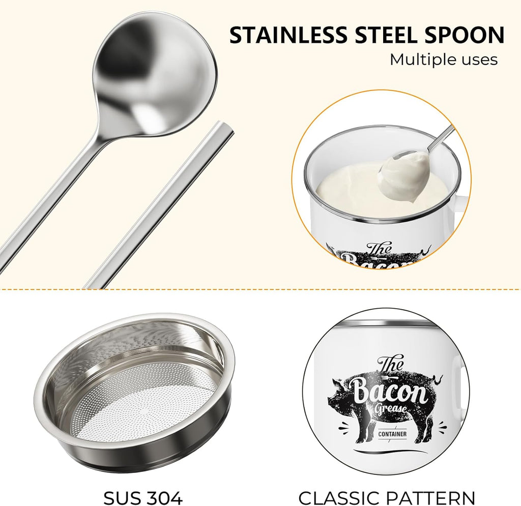 PGYARD Mini Bacon Grease Container - 15oz Enamel Strainer for Kitchen Fat Storage | Dishwasher Safe, White