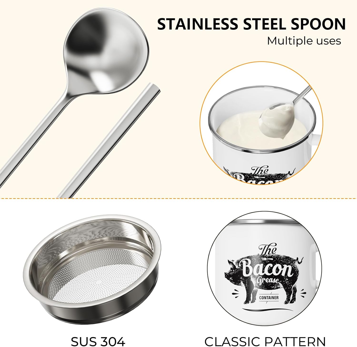 PGYARD Mini Bacon Grease Container - 15oz Enamel Strainer for Kitchen Fat Storage | Dishwasher Safe, White