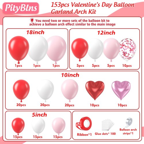 PityBlns Valentine's Day Balloon Arch Kit - 153Pcs Pink and Red Heart Foil Balloon Red and Pink White Balloons Garland Kit for Valentines Day Galentine's Day Anniversary Wedding Party Decorations