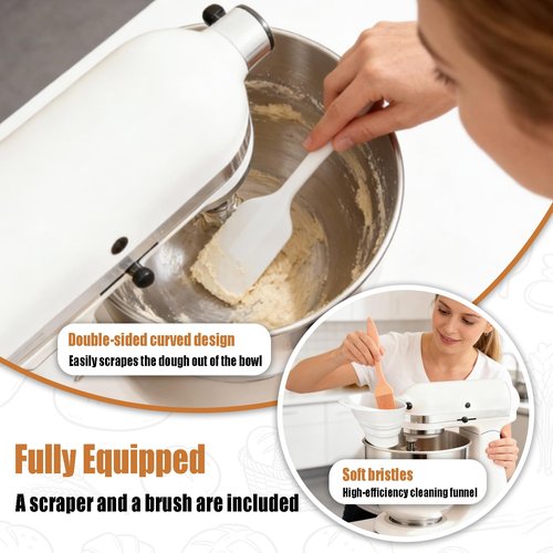 Flour Funnel for Kitchen Aid Mixer, Silicone Funnel with Spatula and Flour Brush, Anti-Splash Attachment for Kitchen Aid Artisan KSM150 5-Quart Tilt-Head Mixer, No-Mess Pouring Baking Tool (White)