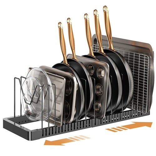 PanPanPal Pots and Pans Organizer under Cabinet, Expandable Pot Lid Organizer Holder with 12 Adjustable Compartment, Pan Organizers inside Cabinet for Lids, Bakeware, Kitchen Storage Pot Rack, Black