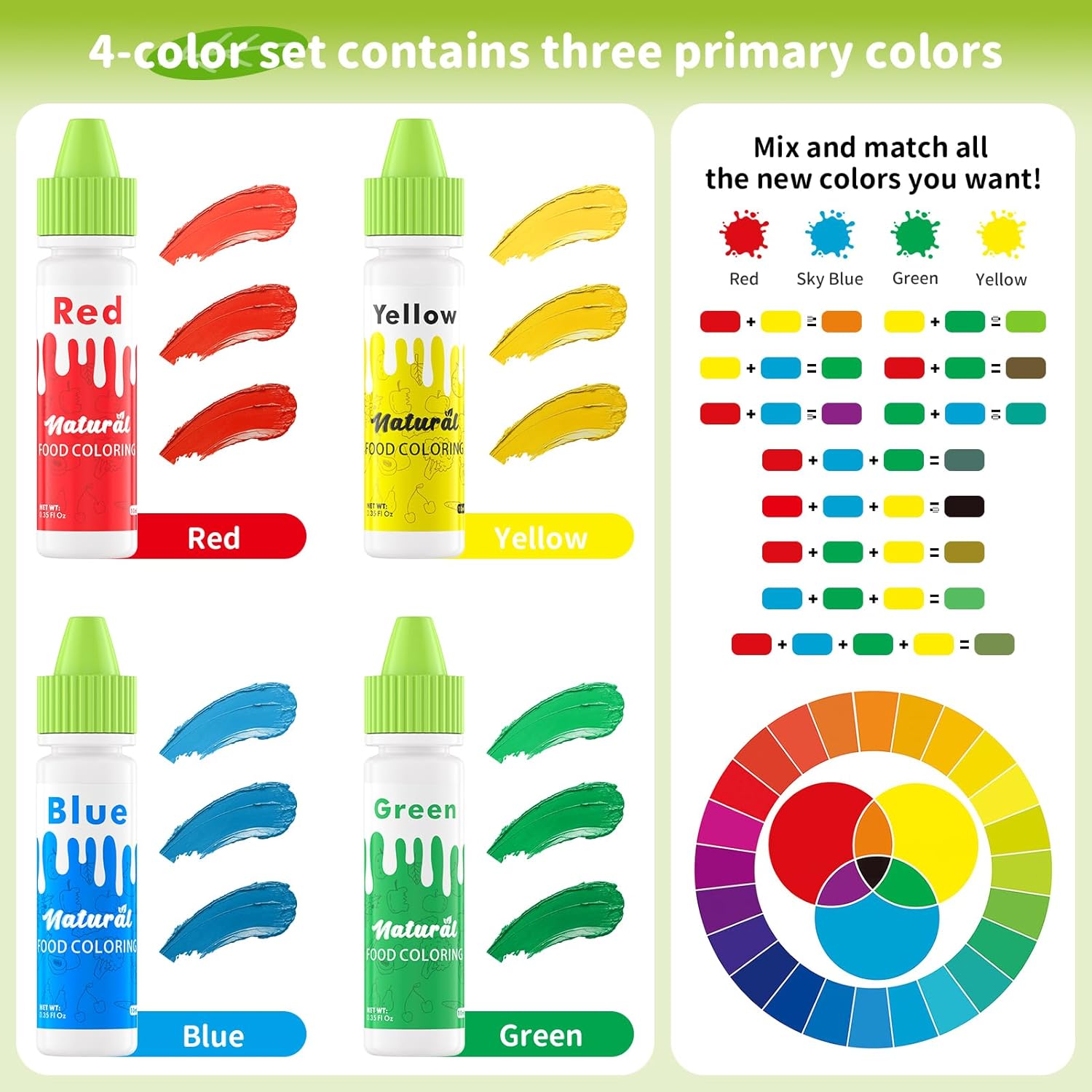 Natural Food Coloring | FD&C & Artificial Dye-Free Formula - 4 Natural Food Dyes for Baking & Decorating - 0.35 Fl. Oz (10 ml) Bottles