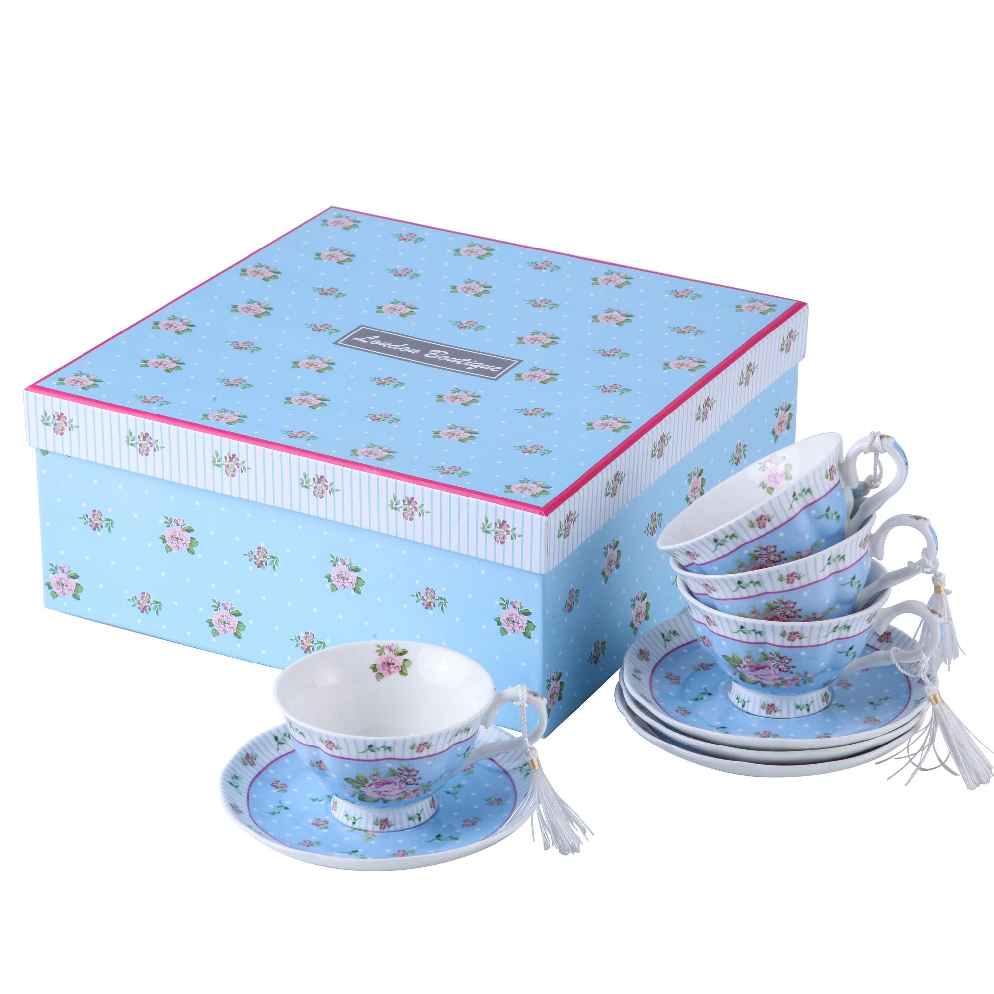 London Boutique Coffee Tea Cup and Saucer Set 4 Shabby Chic Vintage Porcelain Bird Butterfly Flora Gift Box 7.5OZ (Rose Blue)