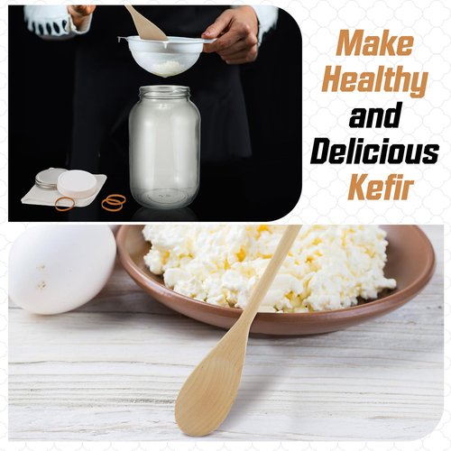 Honeydak 16 Pcs Complete Kefir Starter Kit Kombucha Fermenter Kit Gallon 128oz Mason Jar Wide Mouth with Plastic Storage Lid Nylon Mesh Strainer Cotton Cloth Cover and Wood Spoon