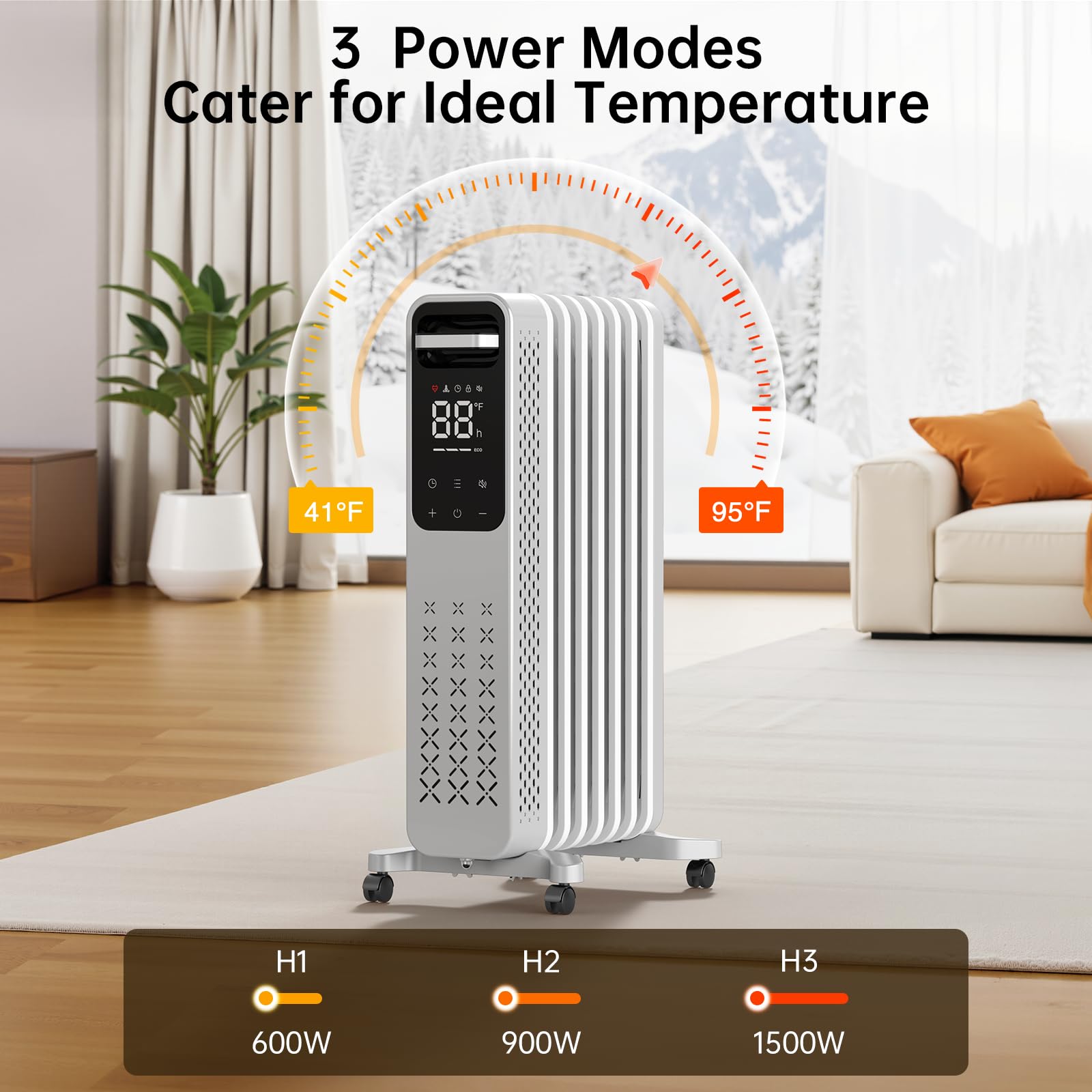 ZAFRO 1500W Oil Filled Radiator Heater, Energy Saving & Digital Thermostat, 24H On/Off Timer, Quiet Portable Wheeled Heater with Tip-Over & Overheat Protection for Home Office Indoor Use, Grey