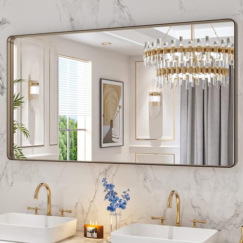 LOAAO Bronze Bathroom Mirror - 55”X30” Rounded Rectangle with Anti-Rust Metal Frame | Hangs Horizontally or Vertically