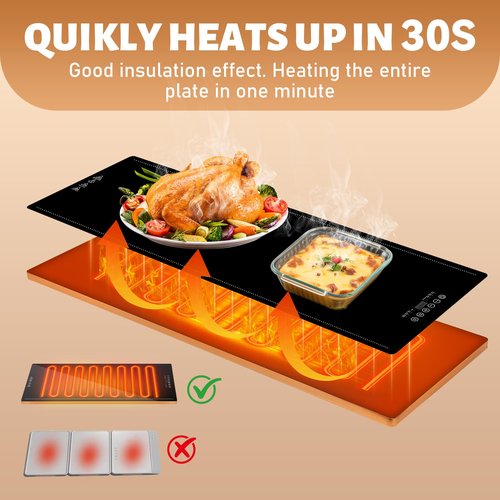 Electric Warming Trays for Buffets Party (XXL 39"x13"), Food Warmers for Parties Buffet with Thermostat & Full Surface Heating, Tempered Glass Warming Mat for Food, Temperature Adjustable Gold Handles