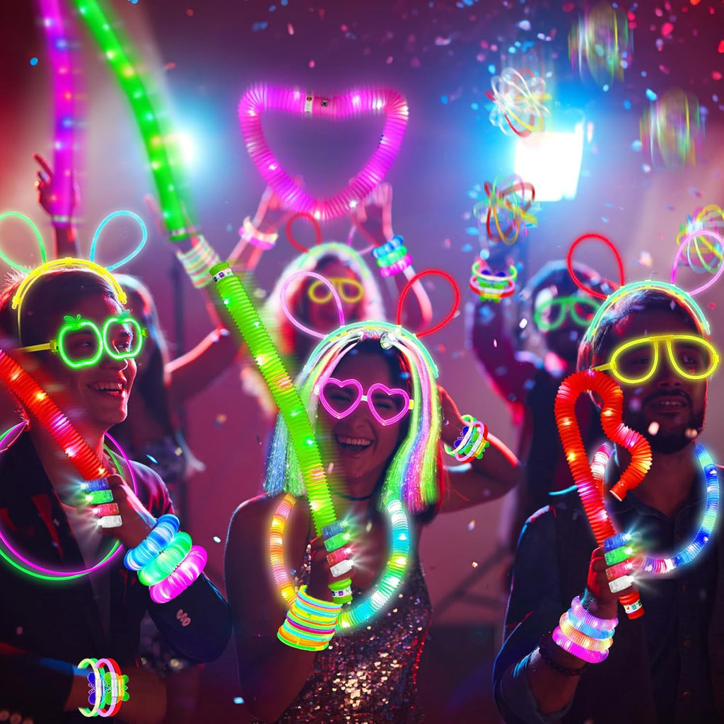 SHQDD Glow in the Dark Party Supplies - 100 LED Light Up Toys & 27 Carnival Accessories for Kids & Adults