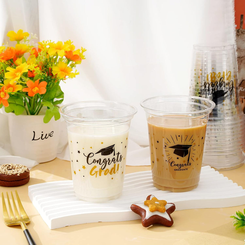 Whaline Graduation Cups - 12oz Black & Gold Disposable Party Cups | 50-Pack for Class of 2025 Celebrations