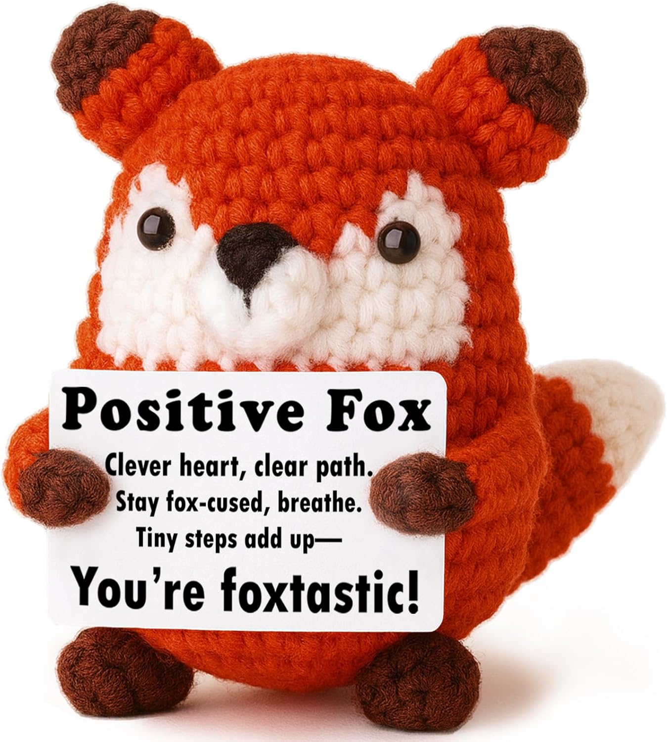 Positive Focus Mini Crochet Fox Plush | Kawaii Desk Decor with Pun Card for Year-Round Gifts
