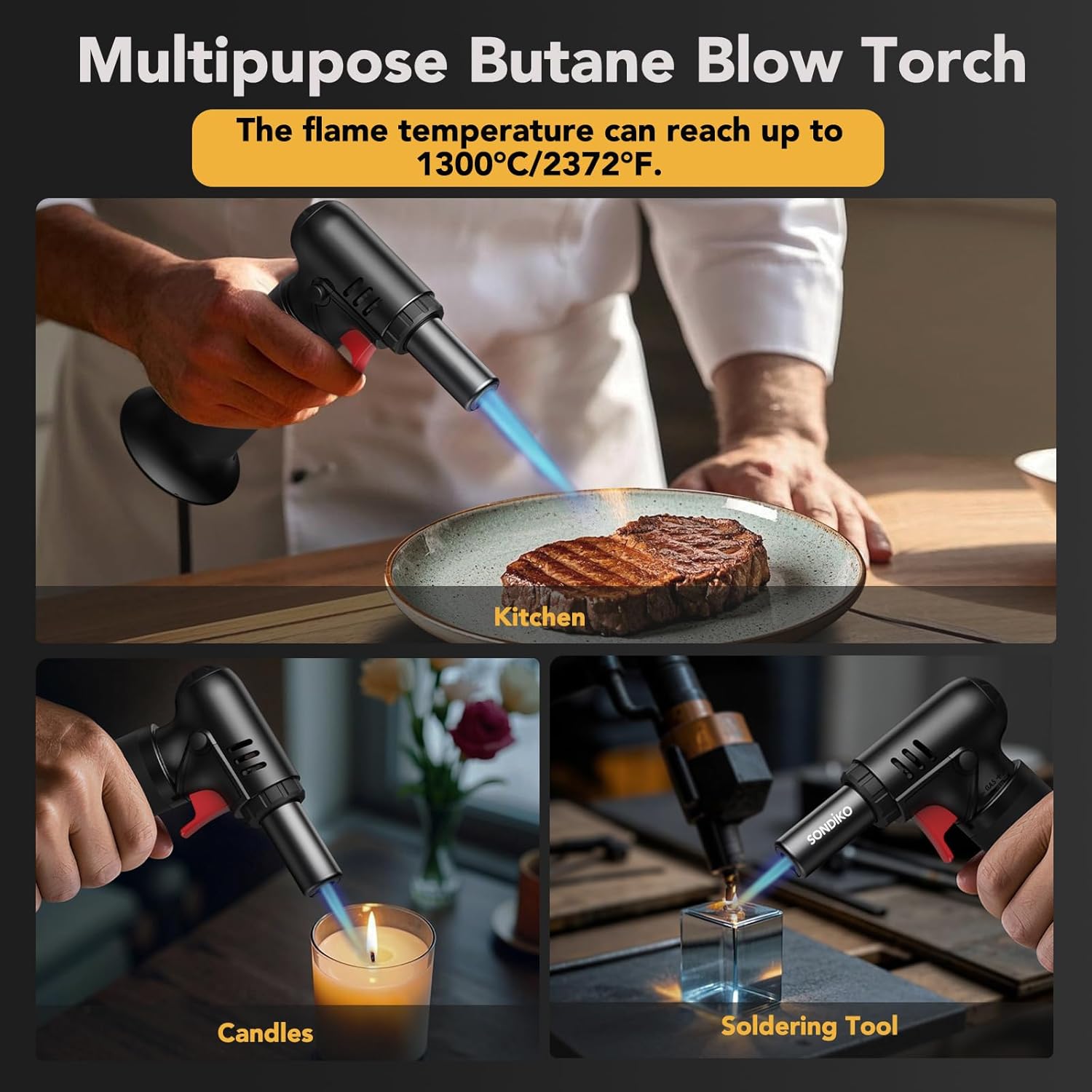 Sondiko Butane Torch Lighter - Refillable Soldering Torch with Adjustable Flame & Visible Fuel Window