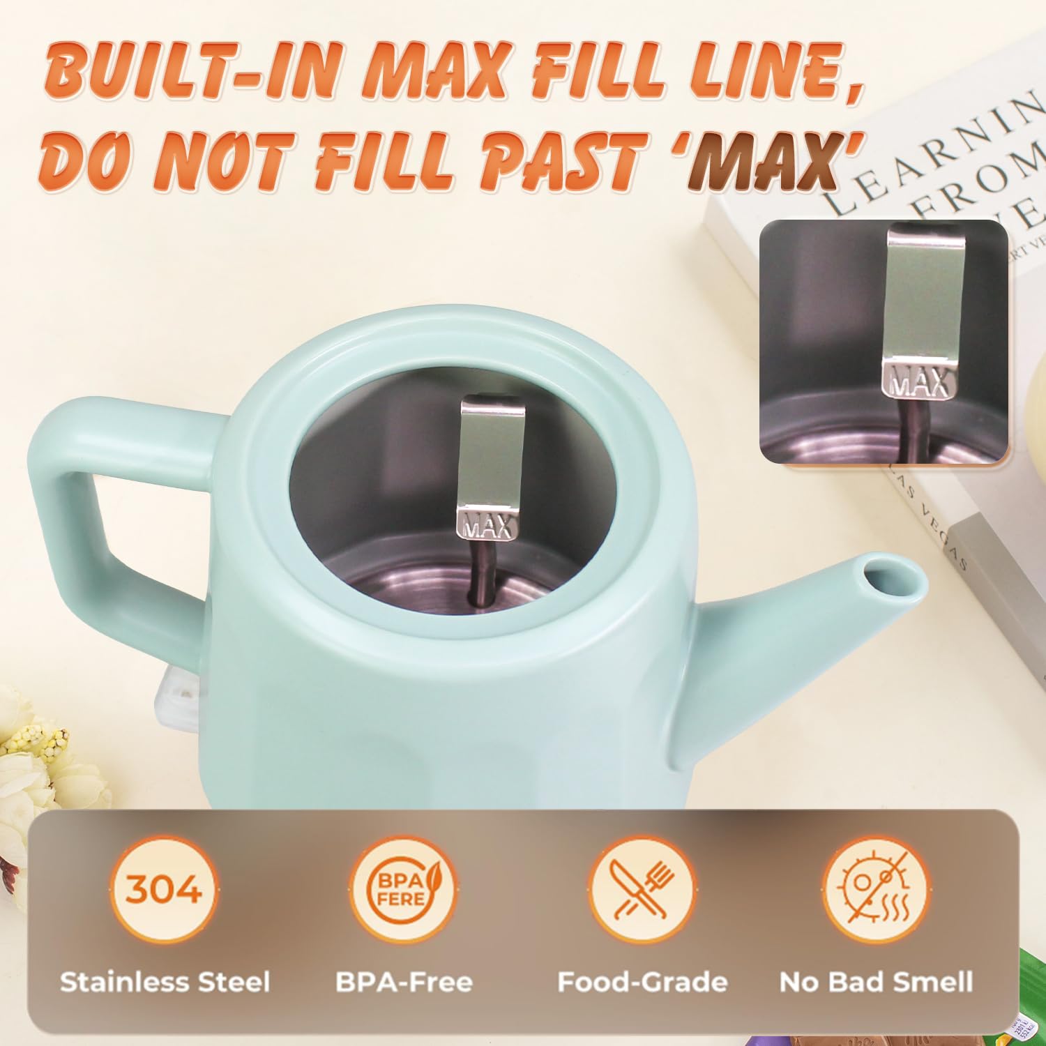 LONGSEED Electric Kettle Ceramic 1.2 qt, Automatic Shut Off, Fast Boiling Kettles Teapot, Hot Water Boiler For Coffee & Tea, Prevent Boil Dry, 1000W, Milky Green