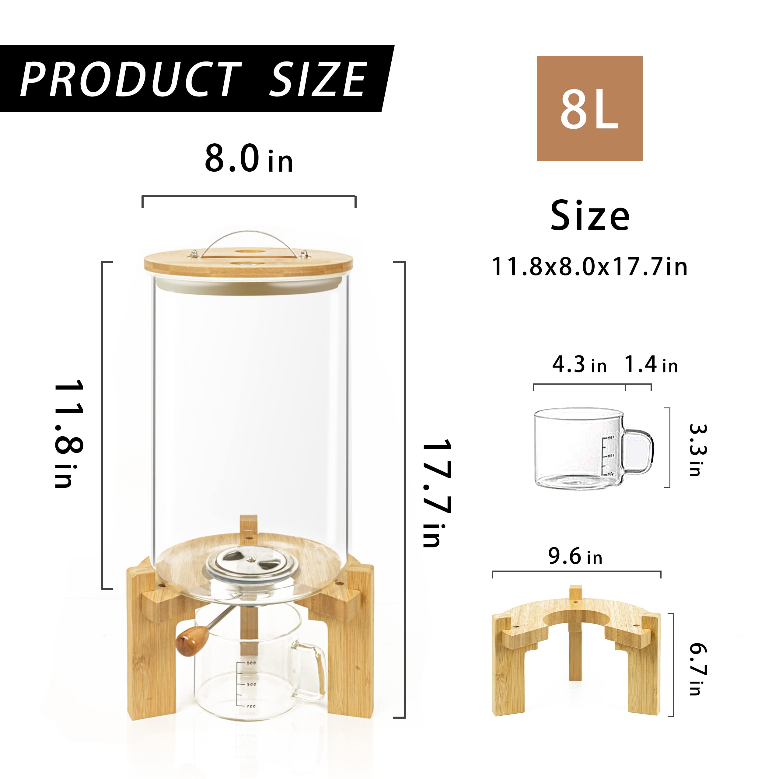 L'ÉPICÉA Glass Rice Dispenser with Bamboo Stand, Large Airtight Rice Storage Container, Cereal/Grain/Coffee Bean/Dry Food Dispenser Countertop, Rice Holder, Rice Bin