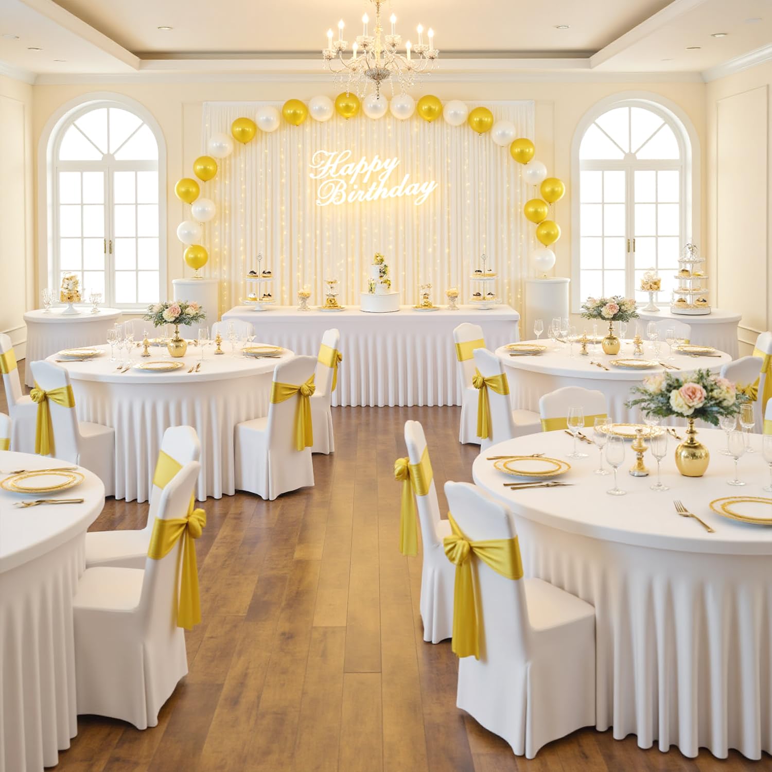 6 Pack White Round Tablecloths for 5 FT Round Tables, Stretchy Spandex Fitted Tables Cloth with Table Skirt, Wrinkle Free Table Cover Stitch Circle Tablecloth for Party Wedding Birthday Outdoor Events