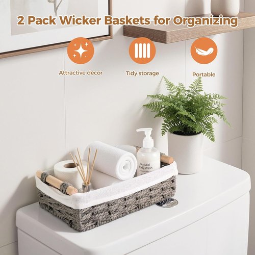 HomeHacks Storage Baskets - 2 Pack Decorative Paper Rope Bins with Handles for Organizing - Grey