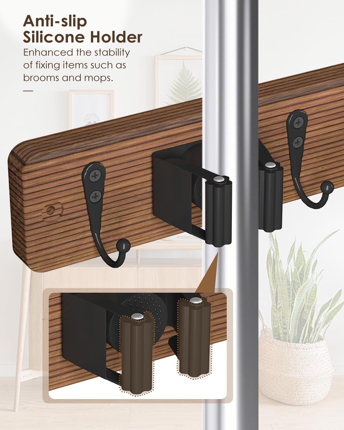 Skiennix Broom Holder - Wall Mounted Mop Organizer with 4 Holders & Hooks | Natural Pine Wood