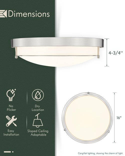 Cargifak 16 inch Close to Ceiling Light Fixtures, Brushed Nickel Farmhouse Ceiling Light with 3 Light for Laundry Kitchen Bedroom Bathroom, CL4822-3W-BN