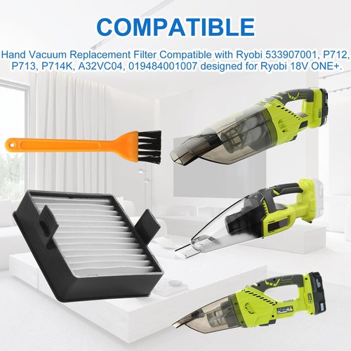 A32VC04 Filter Compatible with Ryobi Hand Vacuum Filter P712 P713 P714K Replace 019484001007 533907001 Vacuum & Dust Collector Filters,Air Filter Support Assembly 4 Pack and 1 Brush