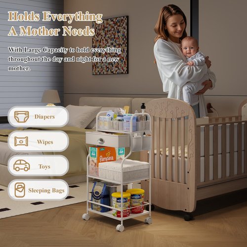 Baby Diaper Caddy Cart Organizer -3 Tier, Bedside Nursery Essentials Organizer & Storage Holder for Newborn Baby Stuff, 2+1 Dividers, 1 Drawer,Rolling Utility Cart for Bedroom,Changing Table, Crib.