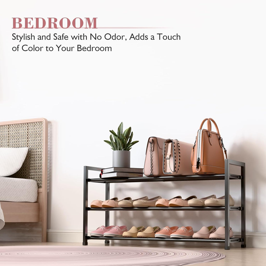 Bumusty 3-Tier Expandable Shoe Rack - Adjustable 18"-33" Organizer for Small Spaces, Sturdy Metal, Black