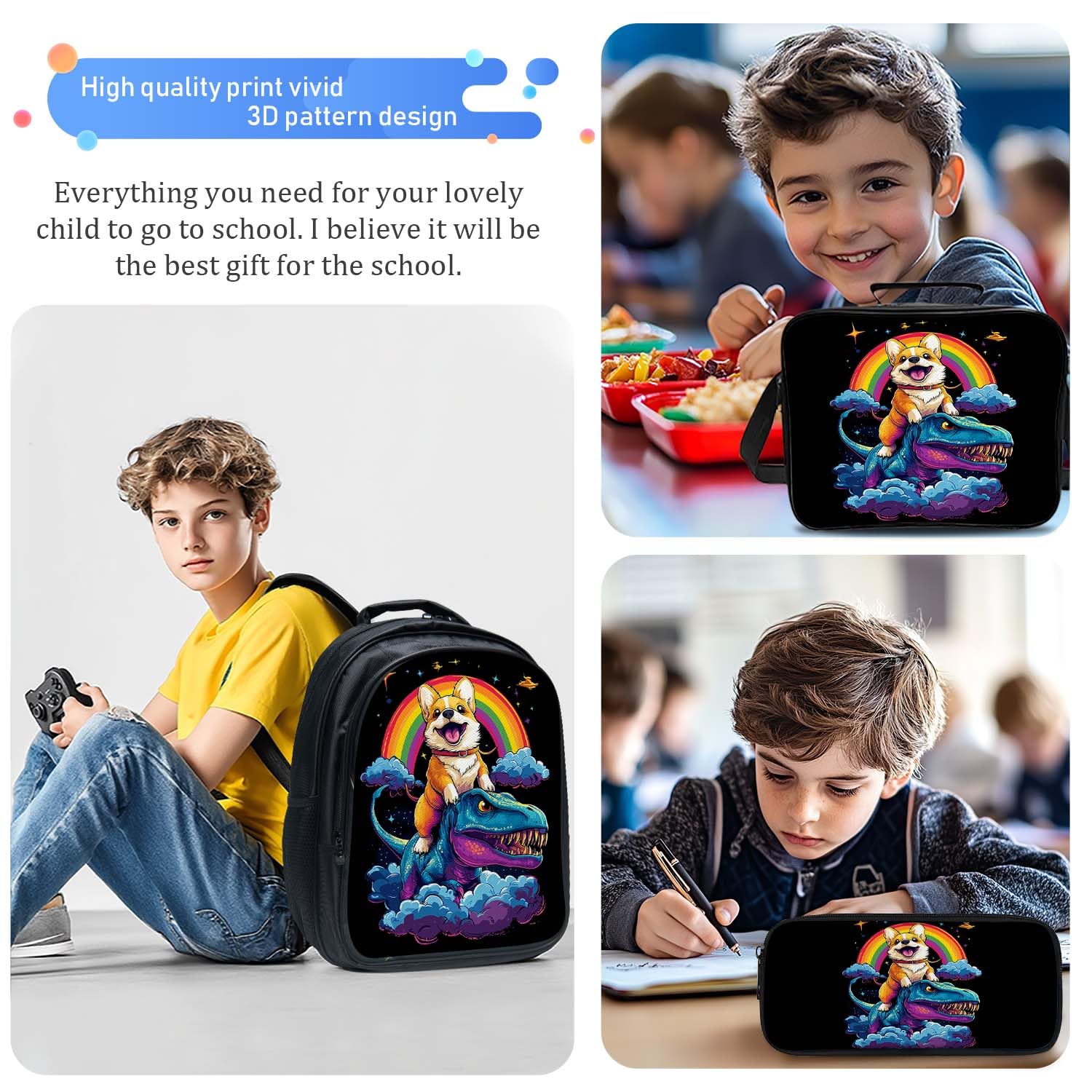Snapjet Cute Corgi Dinosaur Backpack 3PCS 16" Preschool Elementary Schoolbag with Lunch Box Pencil Case Bookbag Set for Girls Boys Kids Children Teens School Students