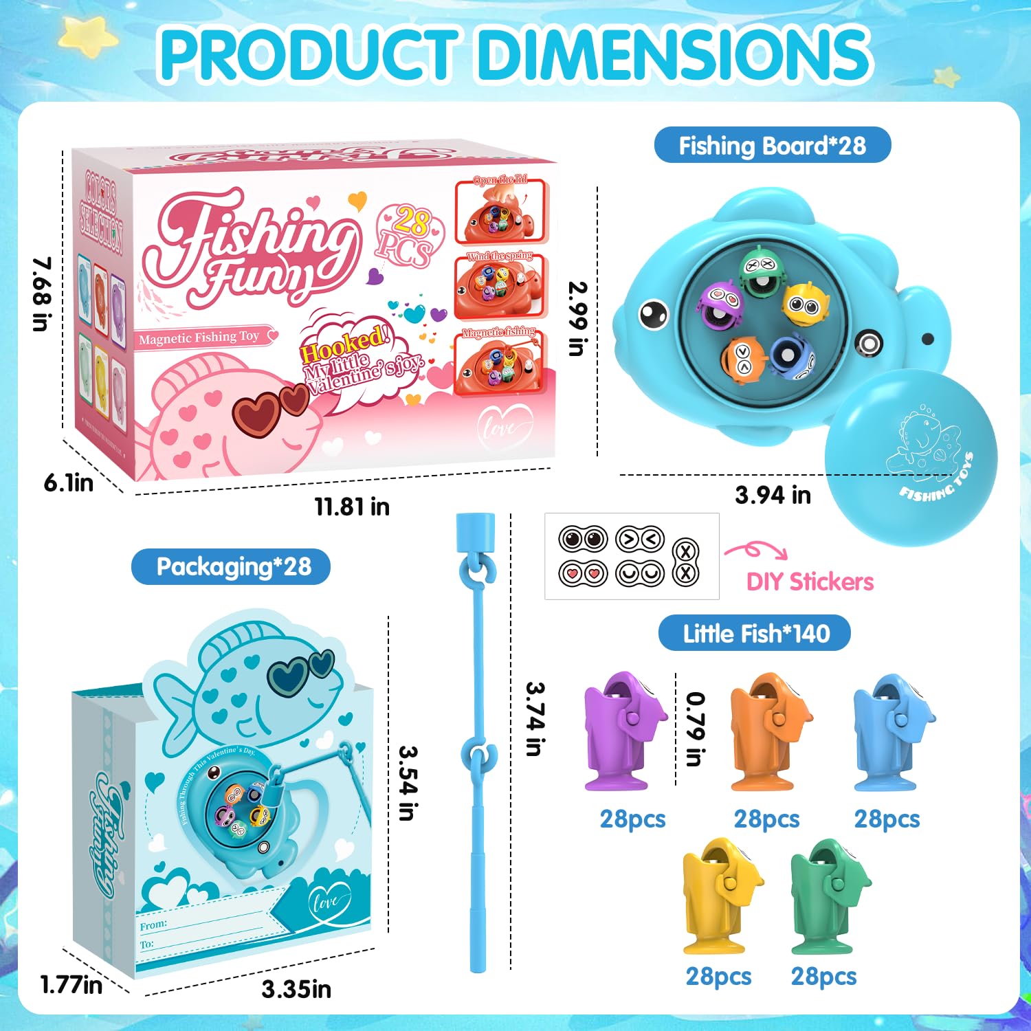 Valentines Day Gifts for Kids, 28Pcs Magnetic Fishing Game with Gift Cards Box, Wind-Up Fishing Toys with 360° Rotation for Girls Boys Ages 3-8 Valentines Party Favors Classroom School Exchange Prize
