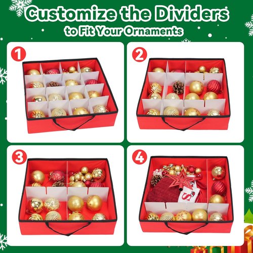 Christmas Ornament Storage Box - Durable 600D Oxford Container Holds 128 Ornaments | 8 Trays, Red