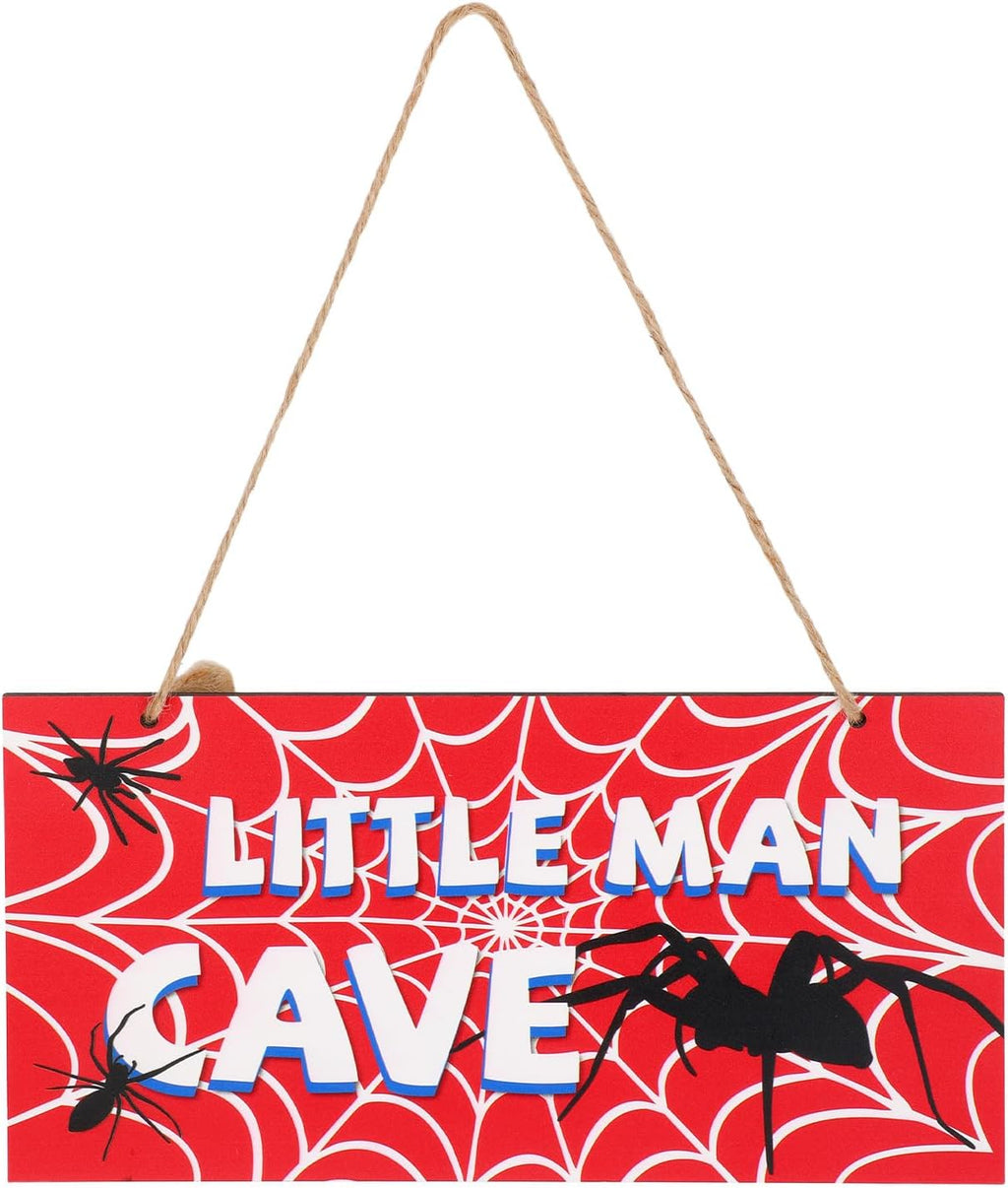 Spider Door Sign - 12x6in Red Wooden Nursery Decor | Spider Web Wall Art for Boys' Rooms