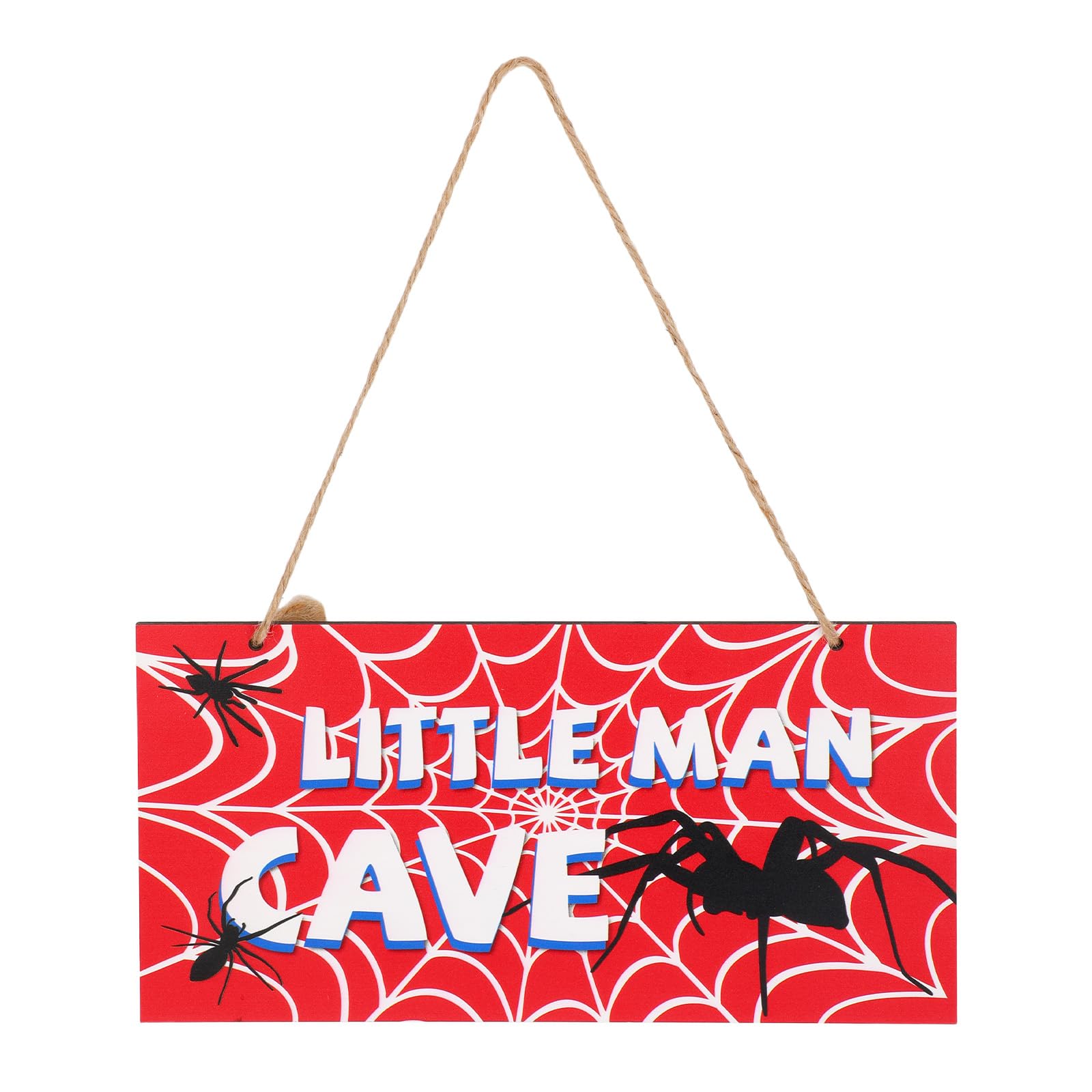 Spider Door Sign, 12x6in Red Wooden Spider Web Nursery Room Decor Little Man Cave Signs with Rope Wall Art Room Decoration for Boys Men