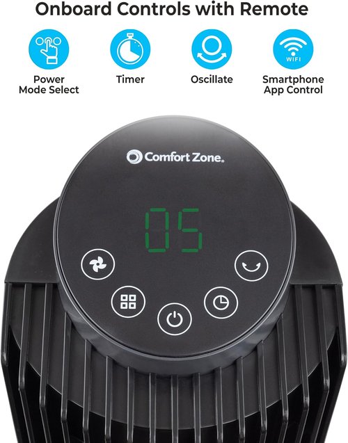 Comfort Zone Smart Wi-Fi Oscillating Tower Fan - Bladeless, 5 Speeds, Remote Control, 36-42" Height