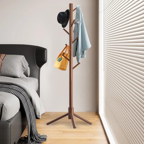Aliphon Wooden Coat Rack Stand, Freestanding Coat Rack with 8 Hooks, 3 Adjustable Size Coat Tree for Hats, Coats, Scarves bags, Coat Hanger Stand Used in Bedroom/Office/Entryway （Brown）