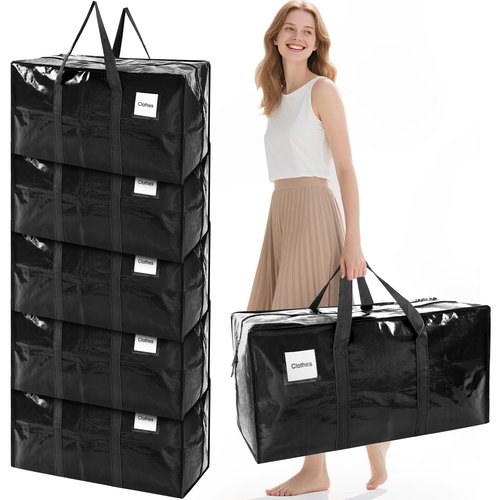 6 Pack Extra Large Moving Bags with Reinforced Handles, Heavy-Duty Storage Tote for Dorm Room Essentials with Strong Zipper,Packing Moving Boxes for College Supplies,Black