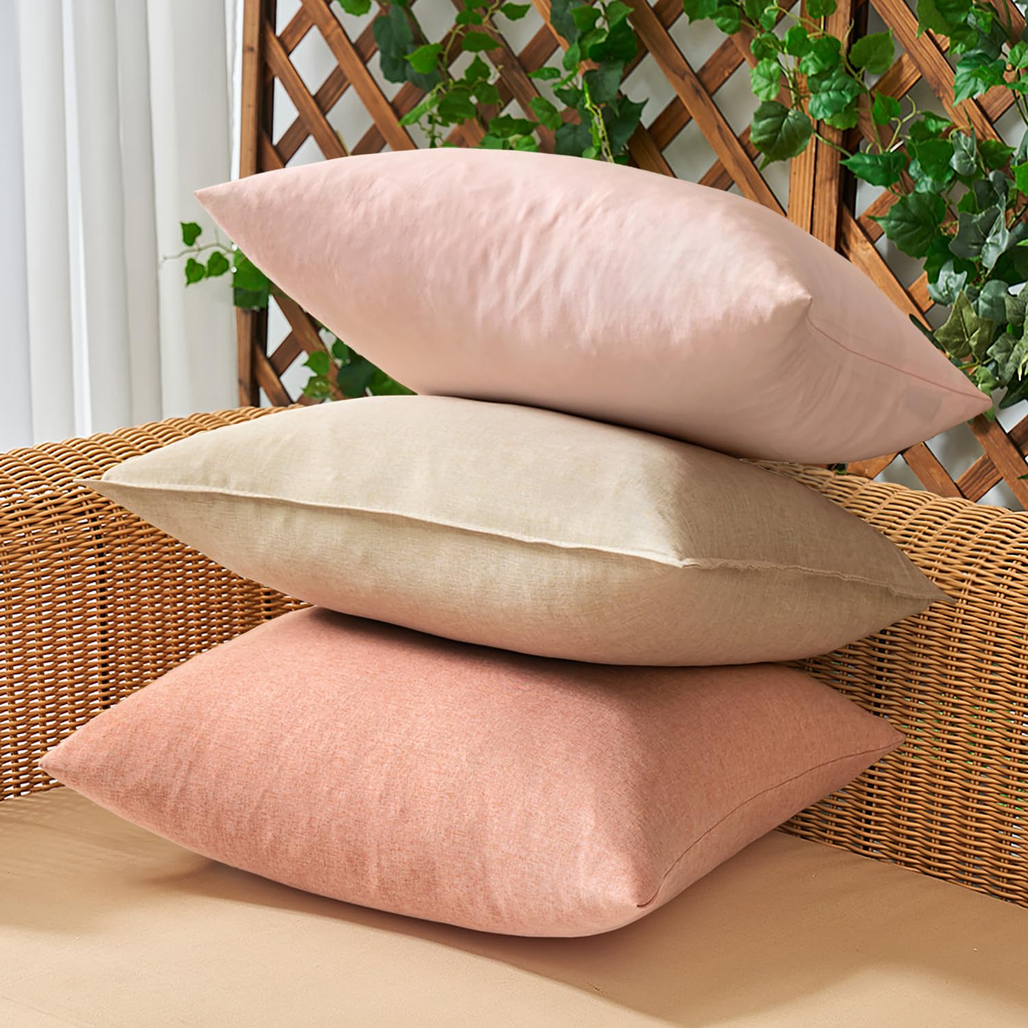 Woaboy Set of 2 Outdoor Waterproof Throw Pillow Covers Spring Valentine Decorative Farmhouse Linen Pillowcases Solid Cushion Cases for Patio Bedroom Living Room Sofa Chairs Light Pink 18x18 Inch