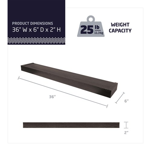 HIGH & MIGHTY 515615 Modern 36" Floating Shelf Holds up to 25lbs, Easy Tool-Free Dry Wall Installation, Flat, Retail Packaging, Espresso