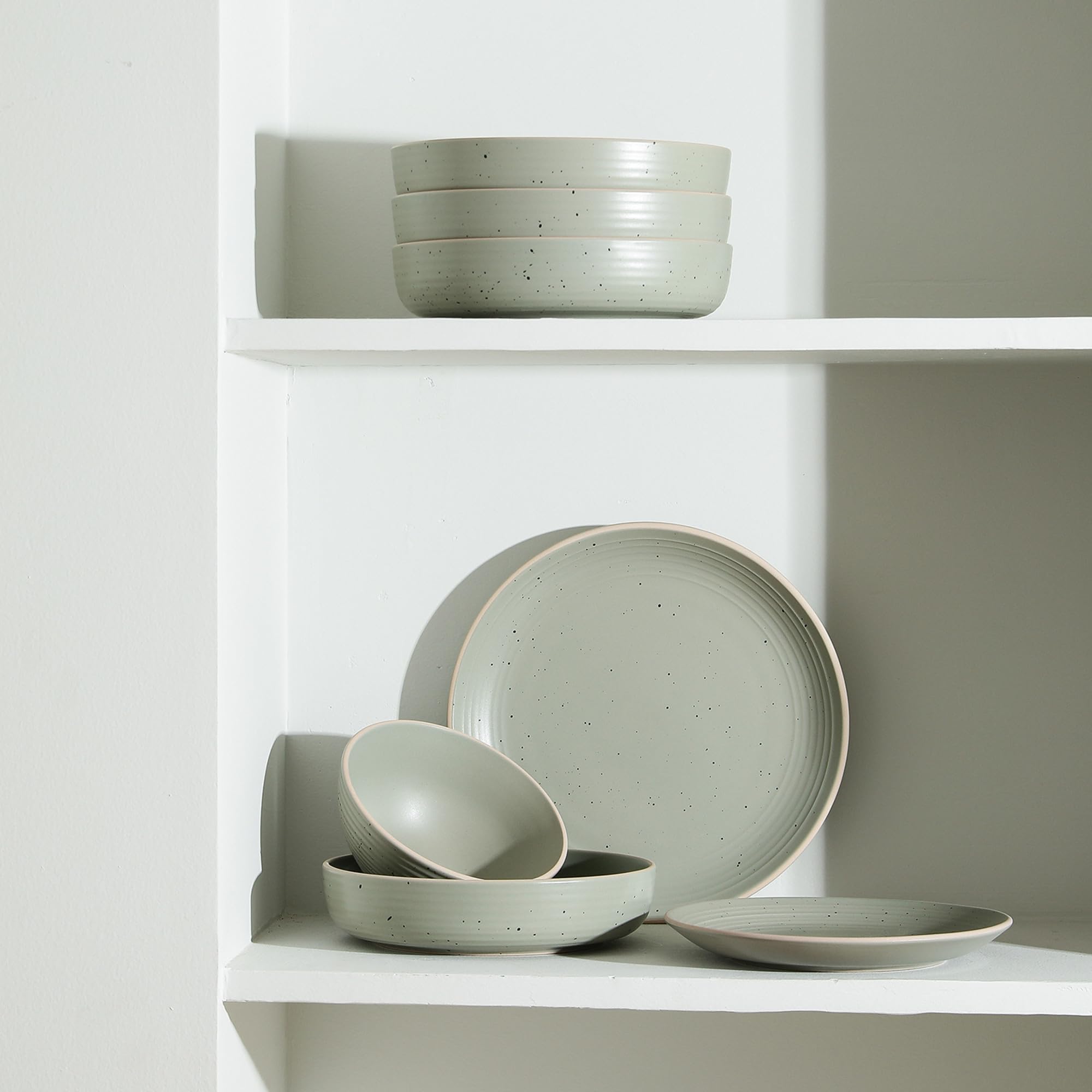 Stone Lain Lauren Stoneware, Rustic Plates and Bowls Set, Dinnerware, Service for 4, Speckled Green, Dishwasher & Microwave Safe, 16-Piece