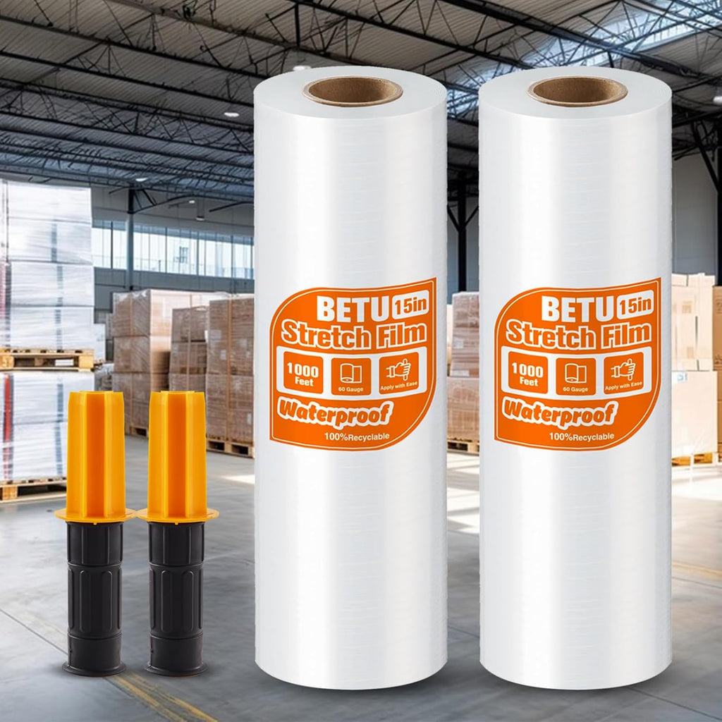 Stretch Film Shrink Wrap - Industrial Strength Plastic Wrap for Moving Supplies | 15 Inch, 1000ft, 2 Pack