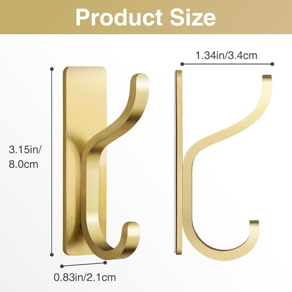 Pickpiff Adhesive Wall Coat Hooks - Heavy-Duty Stick-On Metal Hangers for Towels, Bags & Clothes - Gold, 6 Pack