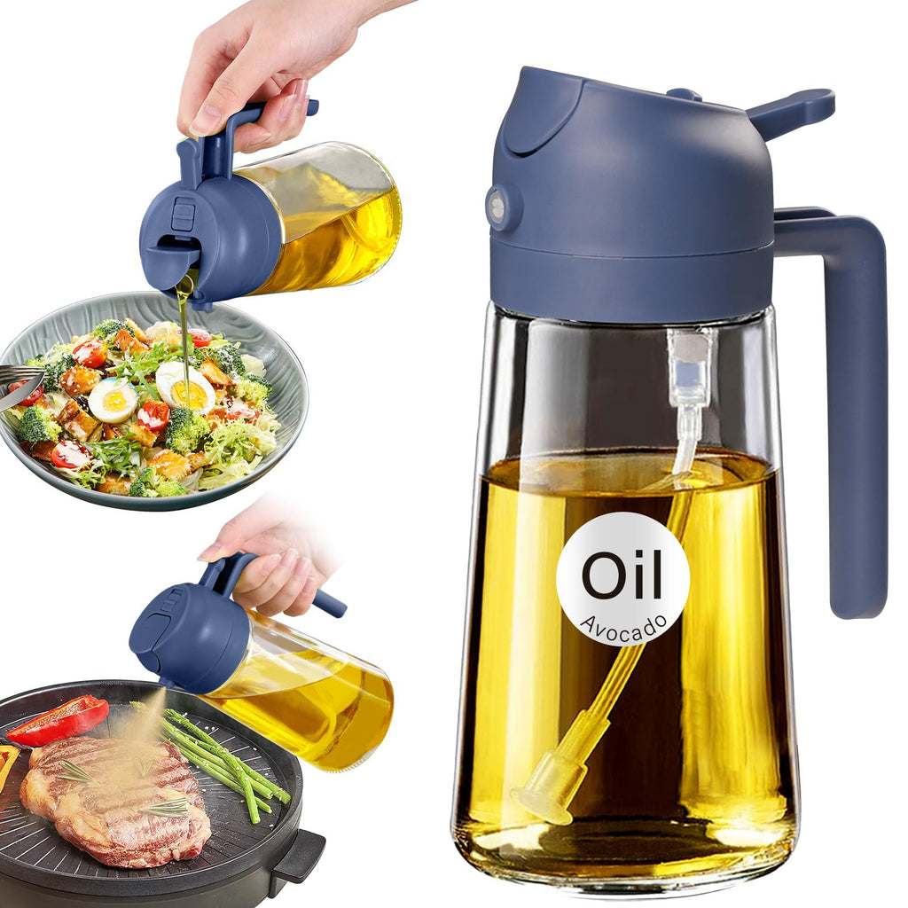YARRAMATE 16oz/470ml Glass Olive Oil Sprayer for Cooking with Stickers, 2 in 1 Oil Dispenser for Kitchen Gadgets, Food Grade Premium Spray Bottle with Portion Control for Salad, BBQ (Navy)