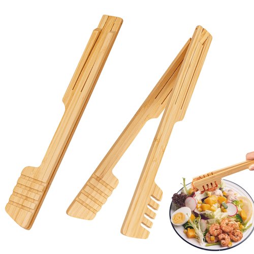 2-Pack Bamboo Kitchen Tongs for Cooking – 8.7-Inch Wooden Food Tongs with Wide Grooved Tips, Flip Design for Nonstick Cookware, Salad, BBQ, and Grilling