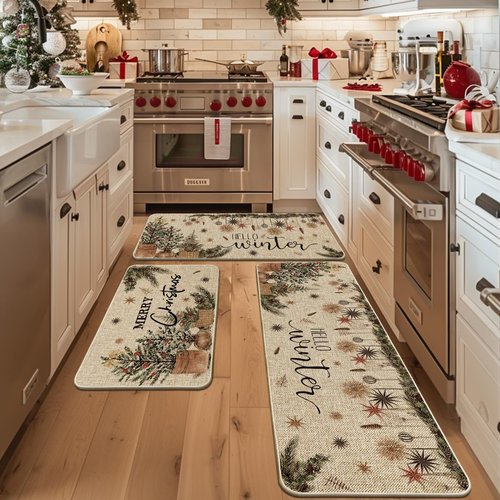 Artoid Mode Holly Ornament Merry Christmas Kitchen Mats Set of 2, Winter Home Decor Low-Profile Kitchen Rugs for Floor - 24"x35"+24"x59"+24"x72"