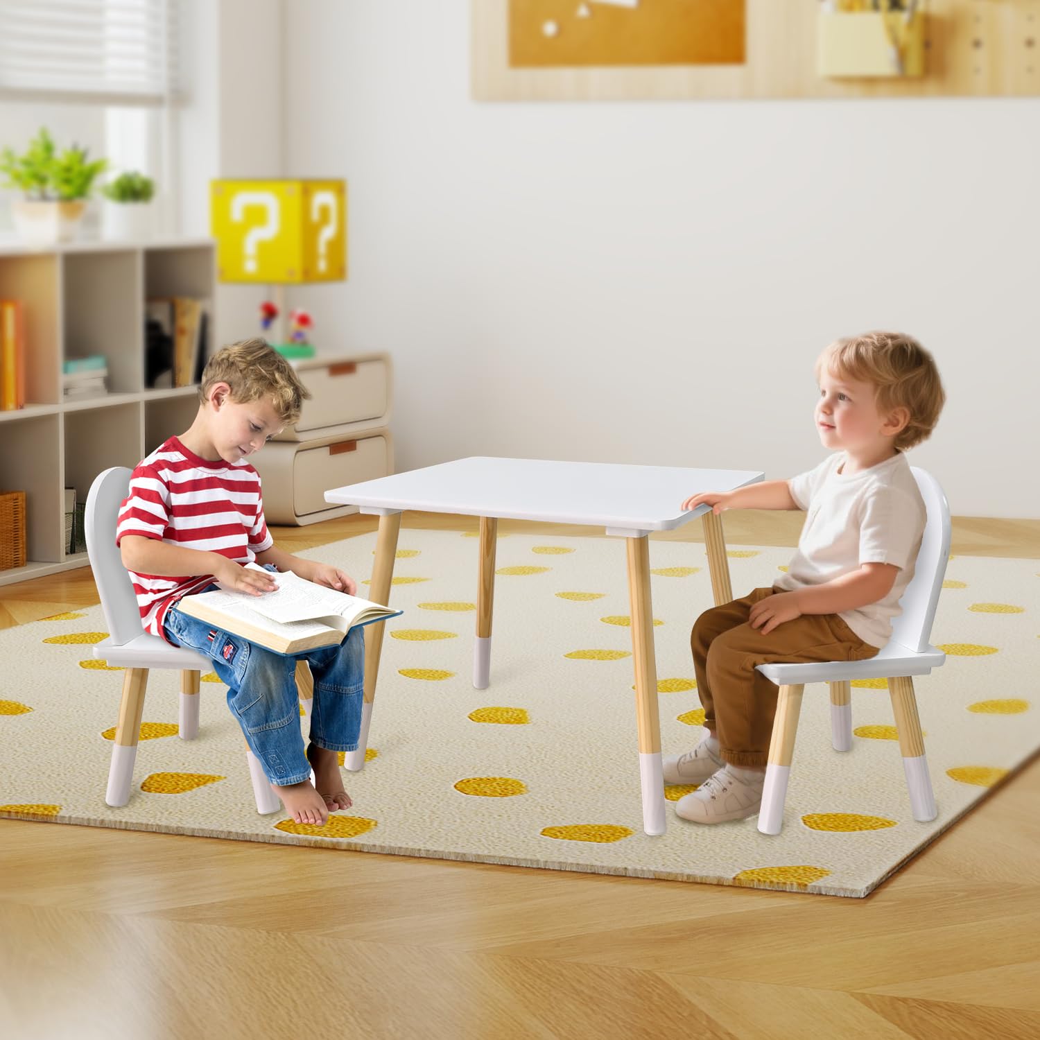IDEA FAMILY Kids Wood Table and 2 Chair Sets, Toddler Small Multi-Activity Study, Eating, and Playing Table Set for Age 3-7, Child Desk and Chair Set for Daycare, Classroom, Home