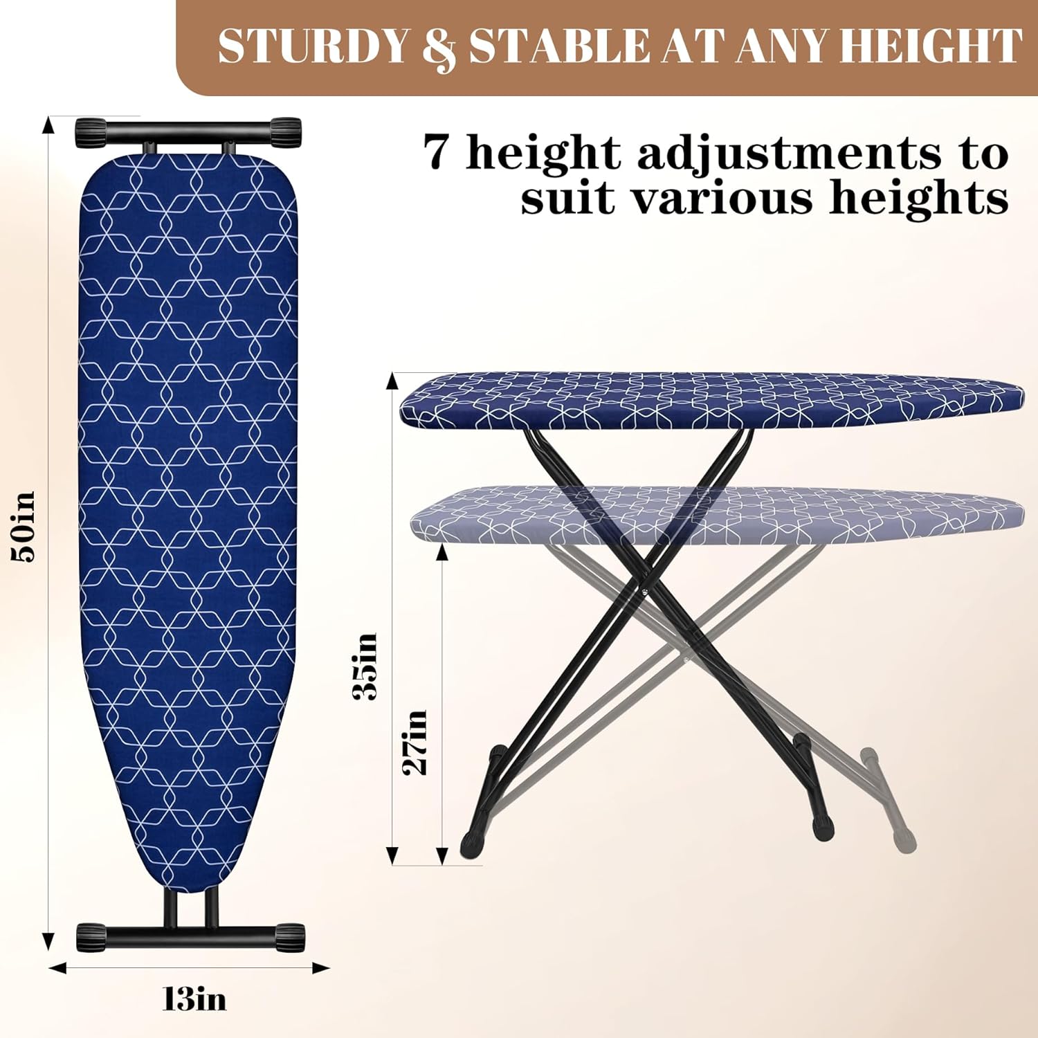 Skiennix Classic Ironing Board - Compact Space Saver with Extra Wide Padded Surface | 43 x 13 Inches, Blue Geometry