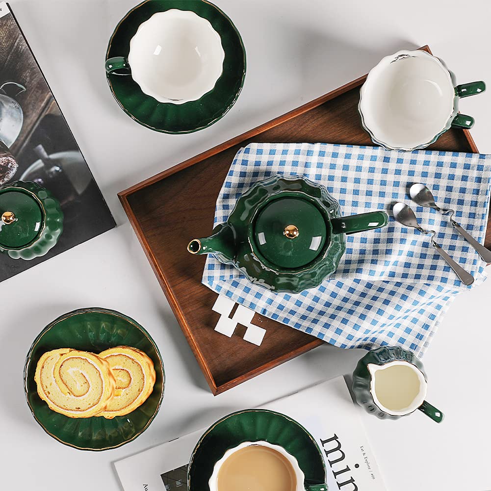 Sweejar Porcelain Tea Sets British Royal Series and 3 Tier Ceramic Cake Stand(Jade)